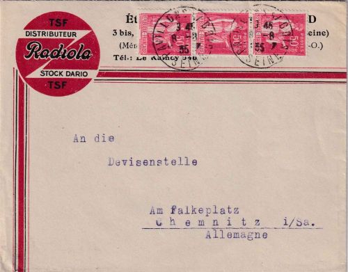 Frankreich - 3x50 C. Frieden illustr. Firmenbrief Pavillon s/ Bois - 1935
