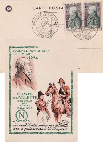 Frankreich - 2x12 Fr. Tag d. briefmarke Sonderkarte + ESST Mulhouse 20.3.1954