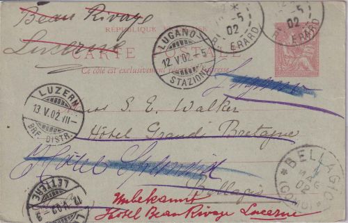 Frankreich - 10 C. Ganzsachenkarte n. ITALIEN 1902 Weiterleitung SCHWEIZ