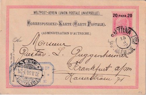 Österreich/Levante - 20 Pa./5 Kr. Ganzsachenkarte Smyrna - Frankfurt a/M. 1900