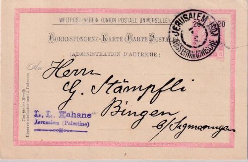 Österreich/Levante - 20 Pa./5 Kr. Ganzsachenkarte Jerusalem - Bingen 1900
