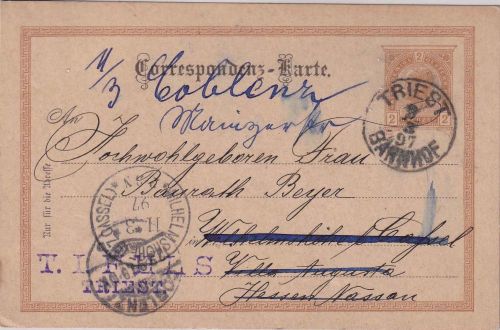 Österreich - 2 Kr. Ganzsachenkarte Triest - Wilhelmshöhe 1897 Nachsendung