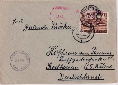 Österreich - 1 S. Landschaften Zensurbrief Strasswalchen - Hofheim a/T. 3.6.47