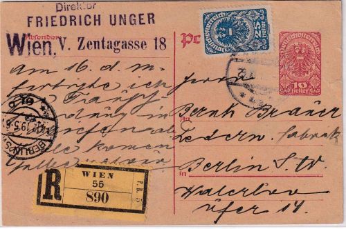 Österreich - 10 H. Ganzsache + Zusatz Einschreibekarte Wien - Berlin 29.11.19