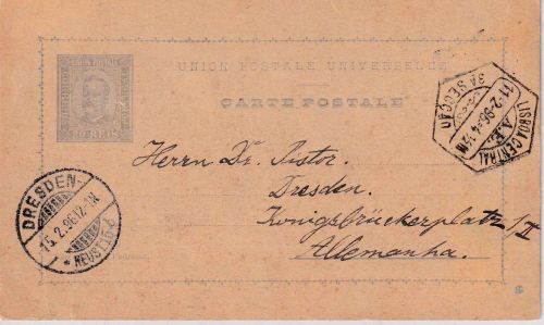Portugal - 20 R. Carlos I. Ganzsachenkarte Lisboa Central - Dresden 1896