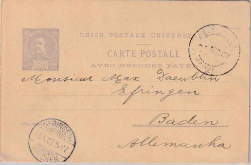 Portugal - 20 R. Carlos I. Ganzsachenkarte Carcavellos - Efringen-Kirchen 1907