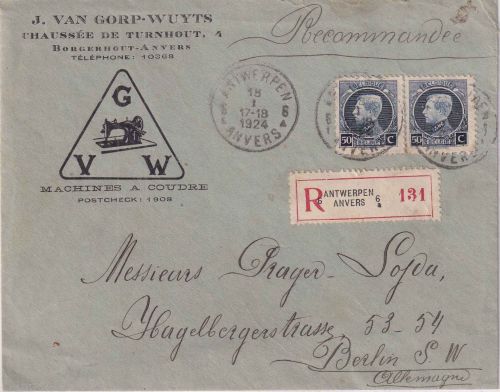 Belgien - 2x50 C. Albert I. illustr. Firmen-Einschreibebrief Antwerpen 1924