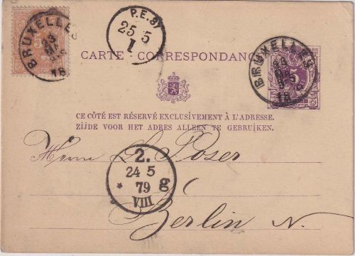 Belgien - 5 C. Ziffer Ganzsachenkarte + Zusatz Brüssel - Berlin 1879