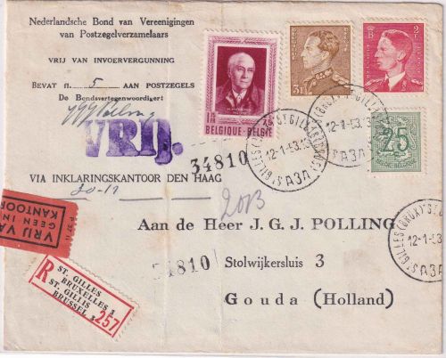 Belgien - 1,75 Fr. Schriftsteller ua Einschreibebrief n. HOLLAND St. Gilles 1953
