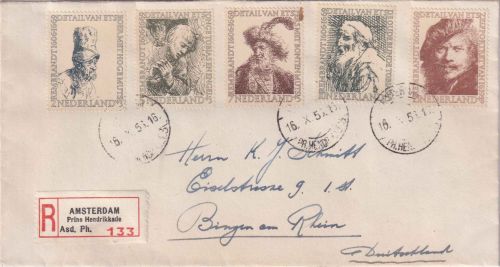 Belgien - Sommermarken 1956 Satzbrief/Einschreiben Amsterdam - Bingen a/Rh.