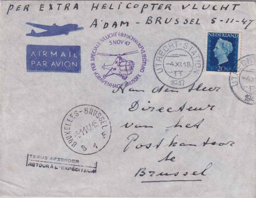 Niederlande - Helikopterpost s'Gravenhage Brüssel Luftpostbrief 4./5.11.1947