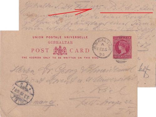 Gibraltar - 10 C. Victoria Ganzsachenkarte n. Kiel 1895 Abs. SMS Stein !