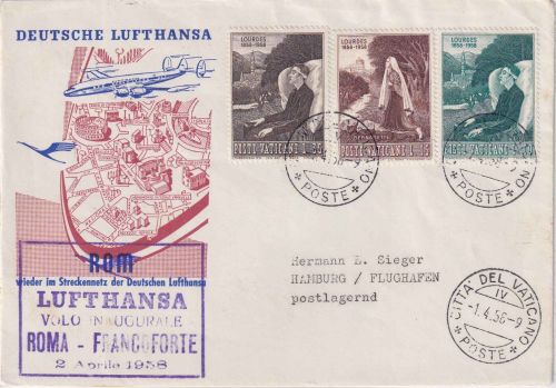 Vatikan - Lufthansa Erstflug Rom Hamburg Zuleitungspost Schmuckkuvert 1958