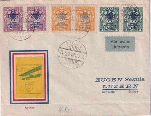 Lettland - 2x Invaliden-Satz 1923 Schmuckkuvert/Luftpostbrief i.d. SCHWEIZ 1928