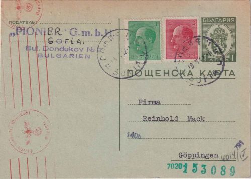 Bulgarien - 1 L. Wappen Ganzsachenkarte+Zusatz Sofia - Göppingen 1942 OKW-Zensur