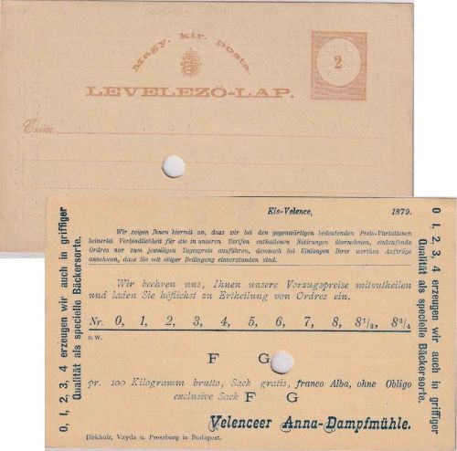 Ungarn - 2 Kr. Ganzsachenkarte priv. Zudruck "Velenceer Anna-Dampfmühle" 1879