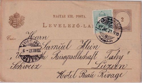 Ungarn/Serbien - 2 Kr. Ganzsachenkarte+Zusatz i.d. SCHWEIZ Nagy-Kikinda 1897