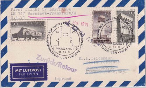 Polen - Lufthansa Firstflight Warschau Frankfurt a/M. 1971 Flugpostkarte