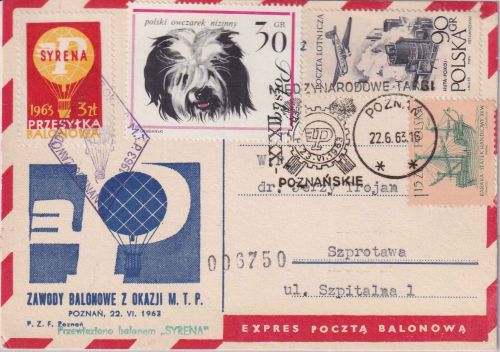 Polen - Ballonpost Syrena Poznan 1963 Luftpost-Expresskarte + Vignette