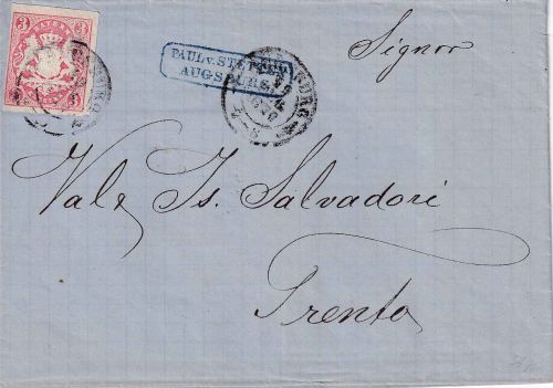 Bayern - 3 Kr. Wappen geschn. Brief OPA-K2 Ausgburg - Trient 1870