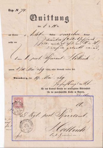 Bayern - 3 Kr. Wappen geschn. Brief K1 Nürnberg Bahnh. 20. MAI 69 - Hoellrich