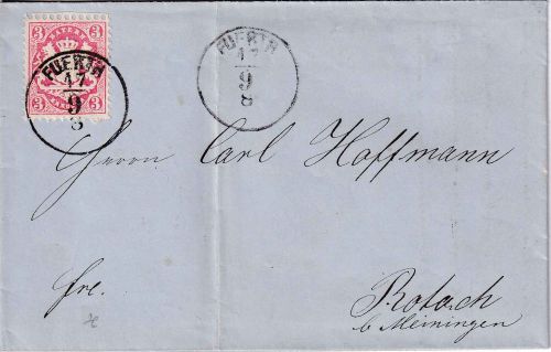 Bayern/Th&T - 3 Kr. Wappen gez. Wz. X Brief K1 Fuerth - Rodach (1870) m. Inhalt