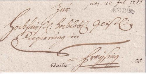 Bayern - De Munic L1 portofreier Brief n. Freising - Präs.Verm. 1799