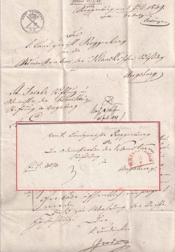 Bayern - Weissenhorn 11/7 roter HKS Portobrief Roggenburg - Augsburg 1849