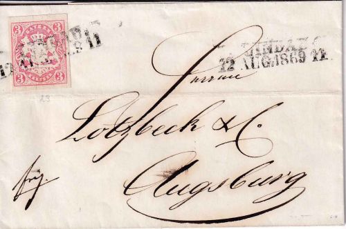 Bayern - 3 Kr. Wappen geschn. Brief L2 Lindau 12. AUG 1869 n. Augsburg