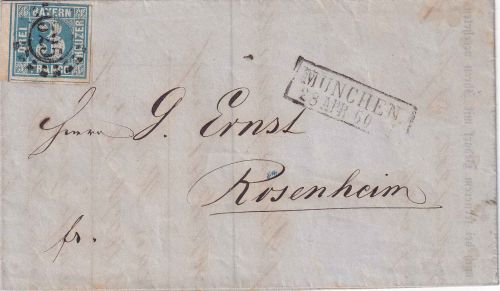 Bayern - 3 Kr. Quadrat blau Randstück Brief oMR 325 Ra2 München 28. APR 60