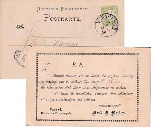 Bayern - 3 Pfg. Wappen Wz. 3 /Drucksachenkarte/Vertreteravis Nürnberg 1885