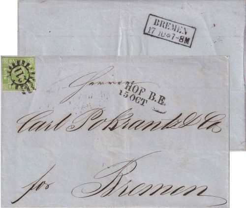 Bayern - 9 Kr. Quadrat grün Brief gMR 211 L2 Hof B.E. 15. OCT n. Bremen (1858)