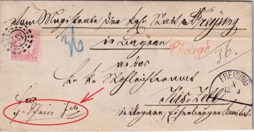 Bayern - 3 Kr. Wappen geschn. Chargebrief n. UNGARN oMR 137 Freising (1869)