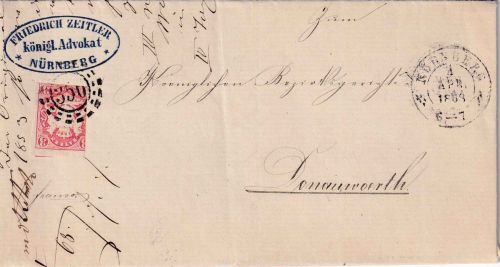 Bayern - 3 Kr. Wappen geschn. Brief oMR 356 Nürnberg - Donauwörth 1868