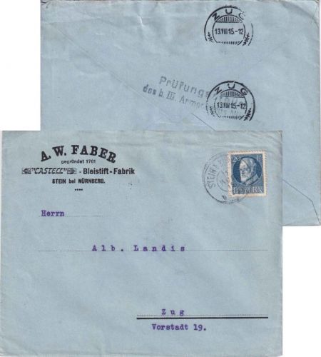 Bayern - 20 Pfg. Ludwig Zensurbrief i.d. SCHWEIZ Stein b. Nürnberg - Zug 1915