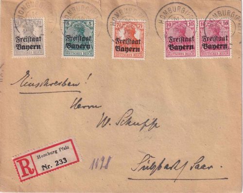 Bayern - Germania/Freistaat "Pfalz-Ausgabe" Einschreibebrief Reserve-K2 Homburg