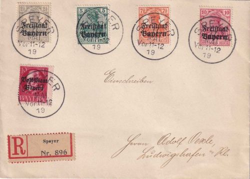 Bayern - Germania/Freistaat "Pfalz-Ausgabe" Einschreibebrief Speyer 17. MAI 19