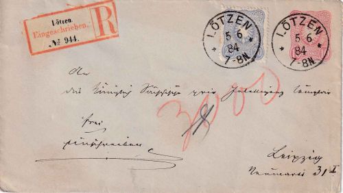 DR - 10 Pfg. Ganzsachenumschlag+Zusatz/Einschreiben Lötzen - Leipzig 1884