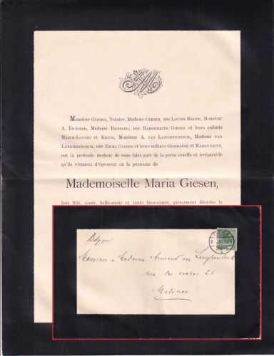 DR - 5 Pfg. K/A Trauerdrucksache n. BELGIEN Aachen - Malines 1894