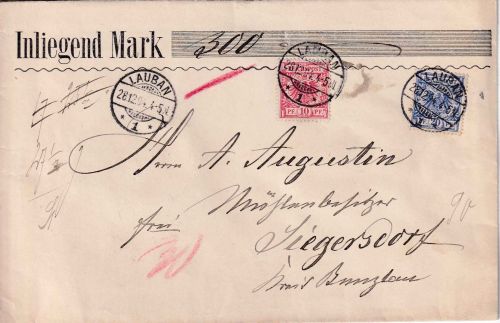 DR - 10+20 Pfg. K/A Wertbrief (300 M.) Lauban - Siegersdorf 1894