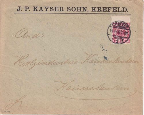 DR - 10 Pfg. K/A (Zwischenstegansatz) Brief Krefeld - Kaiserslautern 1896