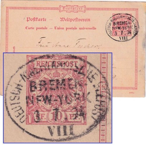 DR - Dt.-Amerik. Seepost Bremen/New York VIII 10 Pfg. K/A Ganzsachenkarte 1894