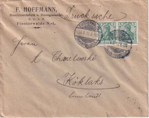 DR - 2x5 Pfg. Germania Drucksache (2. Gew.stufe) n. FINNLAND Fimnsterwalde 1910