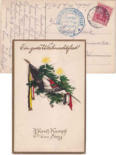 DR - 10 Pfg. Germania patriot. Weihnachtskarte n. SPANIEN Saarburg 1915 Zensur