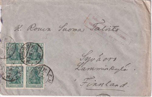 DR - 5 Pfg. Germania 4er-Block Zensurbrief n. FINNLAND Berlin W8 26.6.19