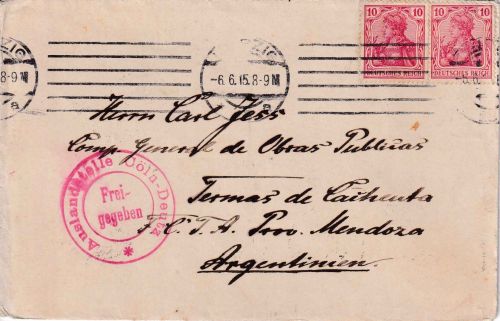 DR - 2x10 Pfg. Germania Zensurbrief n. ARGENTINIEN Leipzig - Cacheuta 6.6.15