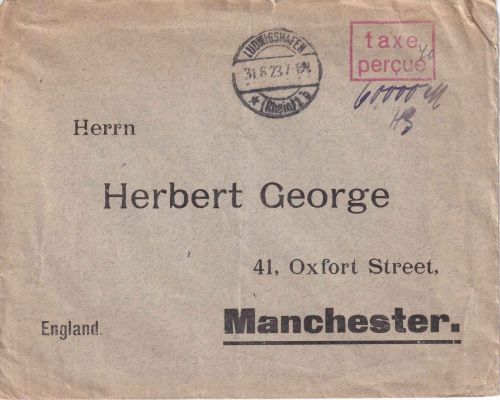 DR-Infla - Ludwigshafen Rh. 31.8.23 Taxe Percue Brief n. ENGLAND (Manchester)