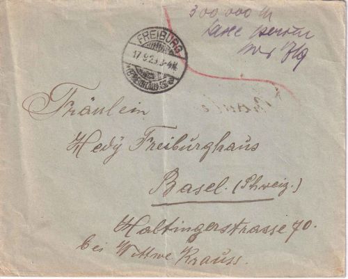 DR-Infla - Freiburg 17.9.23 hds. Taxe percue Brief (21-40g) i.d. SCHWEIZ (Basel)