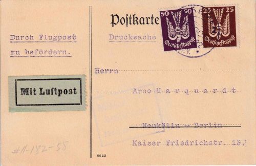 DR-Infla - 25+50 Pfg. Flugpost Luftpost-Drucksache Bremen - B.-Neukölln 23.9.22