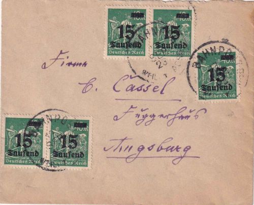 DR-Infla - 25x15 Tsd./40 M. Brief Bahnpost Weilheim/Augsburg 13. SEP 23